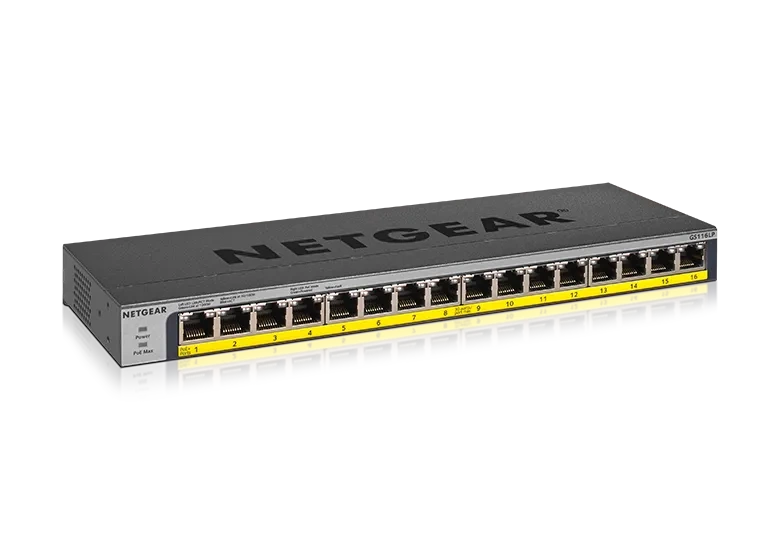 NETGEAR GS116LP 16-Port Gigabit PoE+ Unmanaged Switch with FlexPoE — 76W | Business | Gigabit | Desktop / Rackmount (GS116LP-100INS)