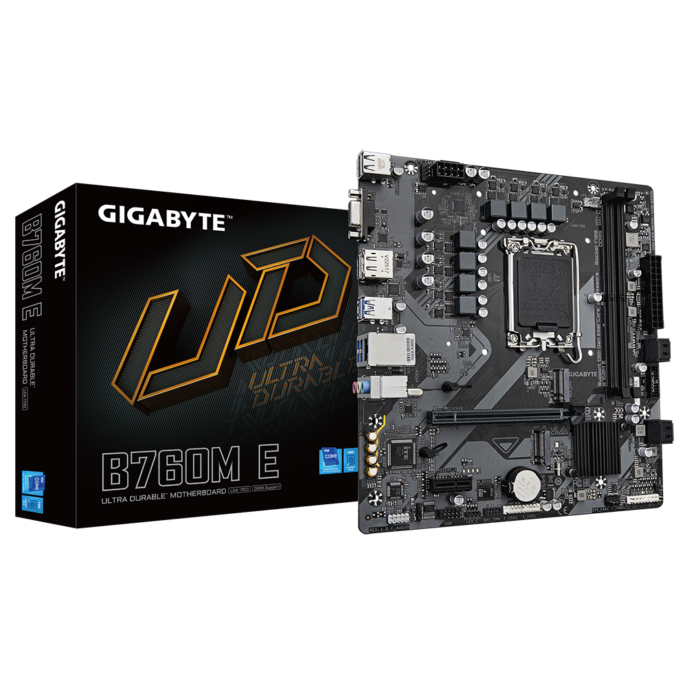 Gigabyte B760 M E Motherboard with LGA1700 socket and compact micro-ATX design