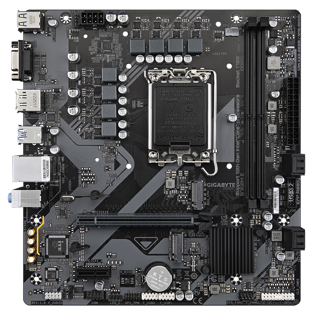 Gigabyte B760 M E Motherboard memory slots and power connector layout for stable performance