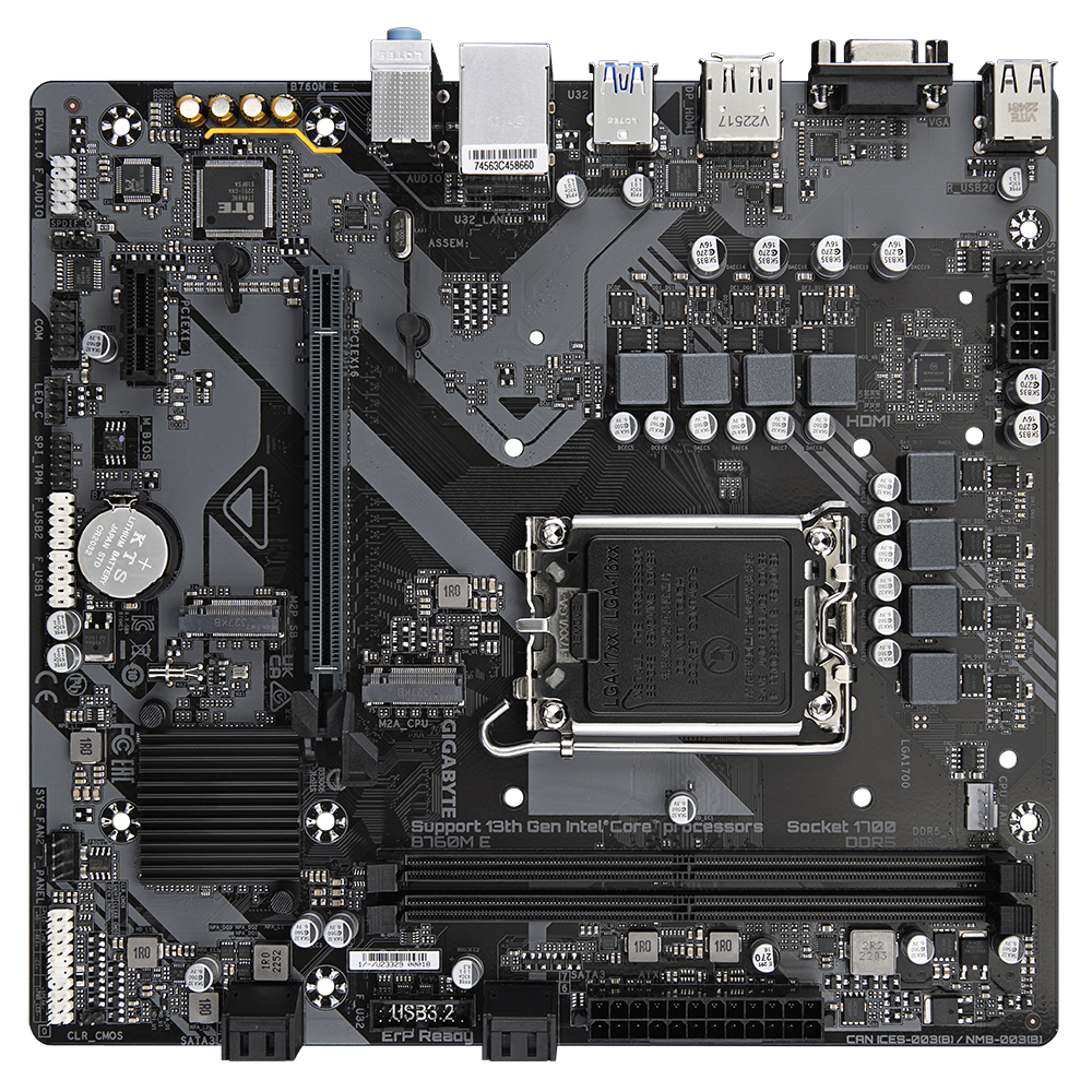 Gigabyte B760 M E Motherboard rear panel connectivity with USB ports HDMI, and audio jacks