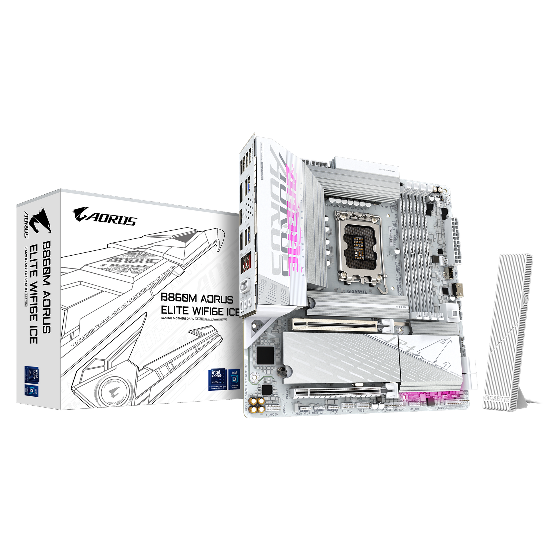 Gigabyte B860M Aorus Elite WiFi6E Ice Motherboard white micro-ATX design