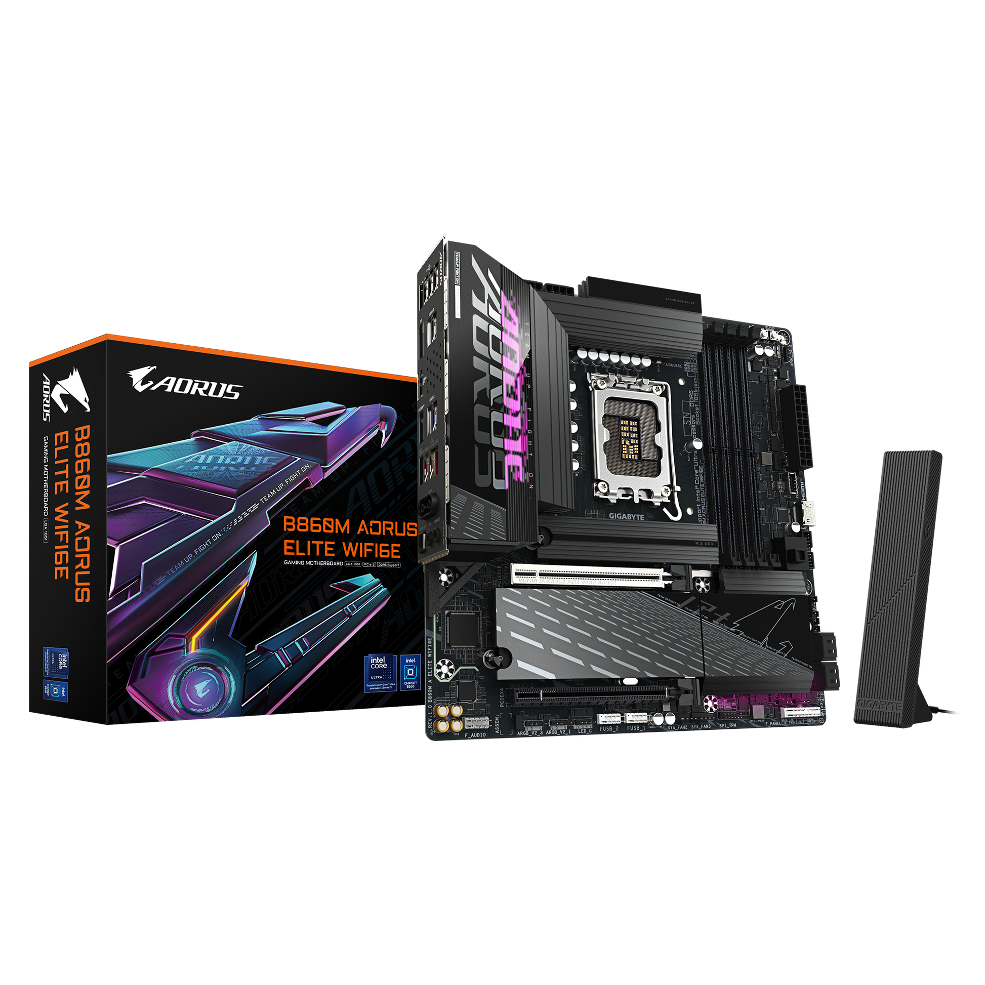 Gigabyte B860M Aorus Elite WiFi6E Motherboard micro-ATX layout with DDR5 RAM slots and power design