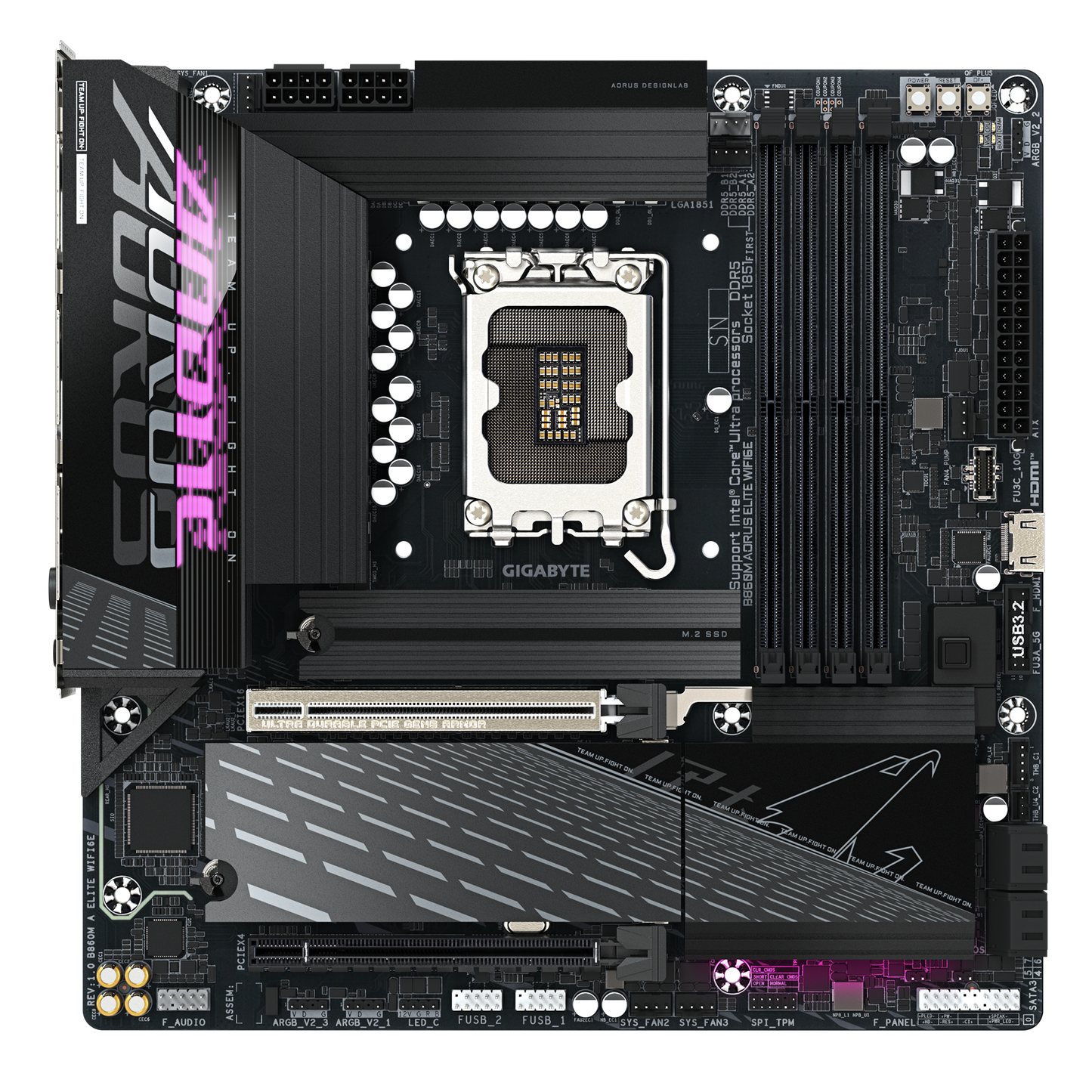 Gigabyte B860M Aorus Elite WiFi6E Motherboard top view highlighting chipset cooling and heatsink design
