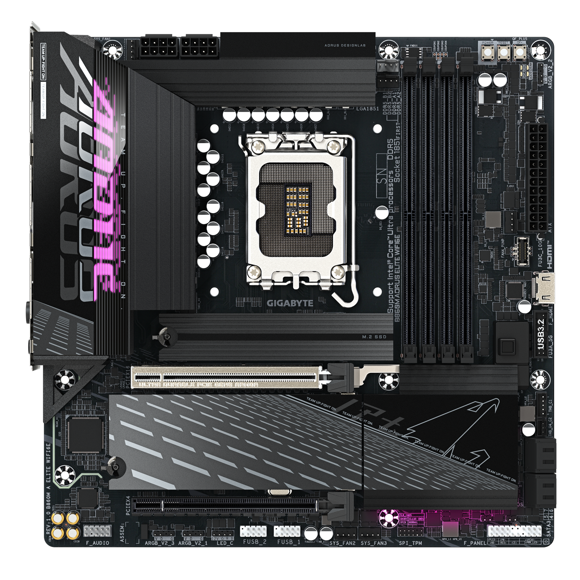 Gigabyte B860M Aorus Elite WiFi6E Motherboard top view highlighting chipset cooling and heatsink design