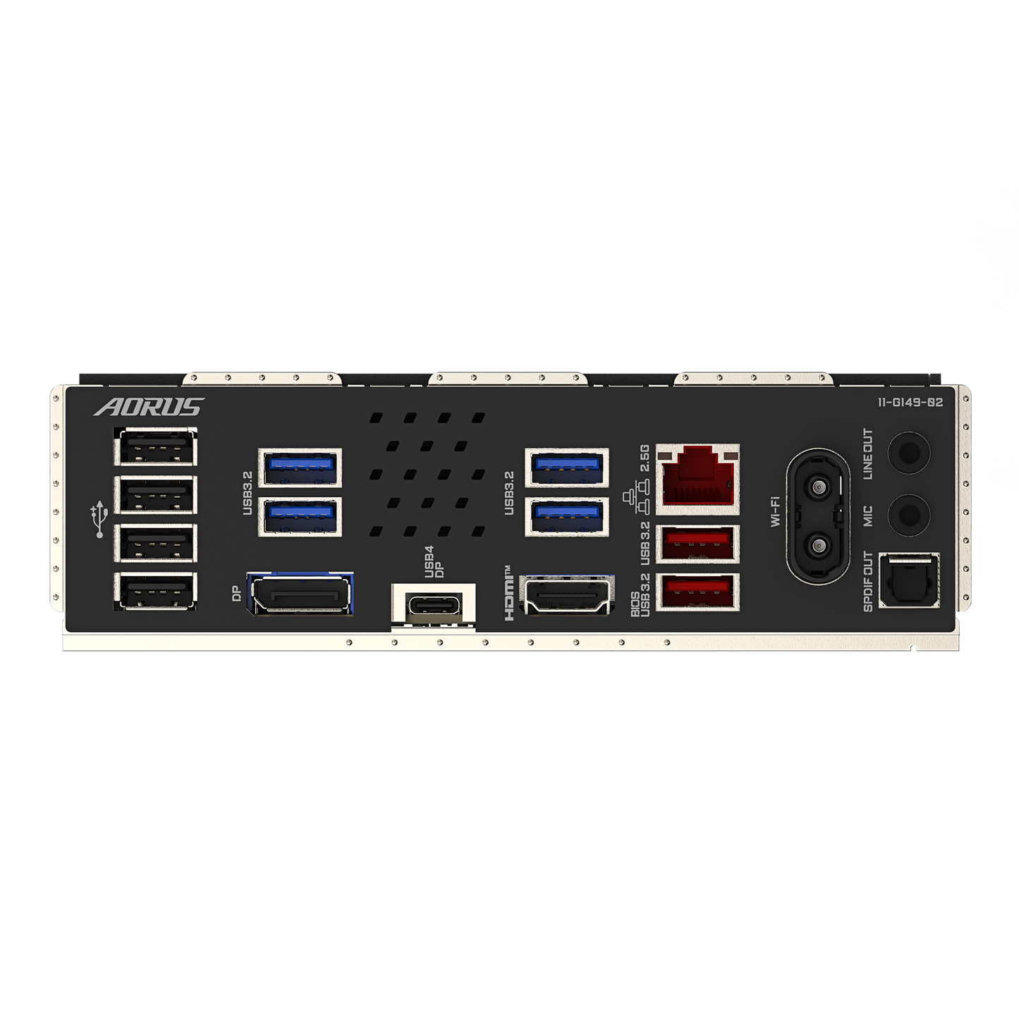 Gigabyte B860M Aorus Elite WiFi6E Motherboard rear I/O connectivity with USB ports HDMI and audio jacks