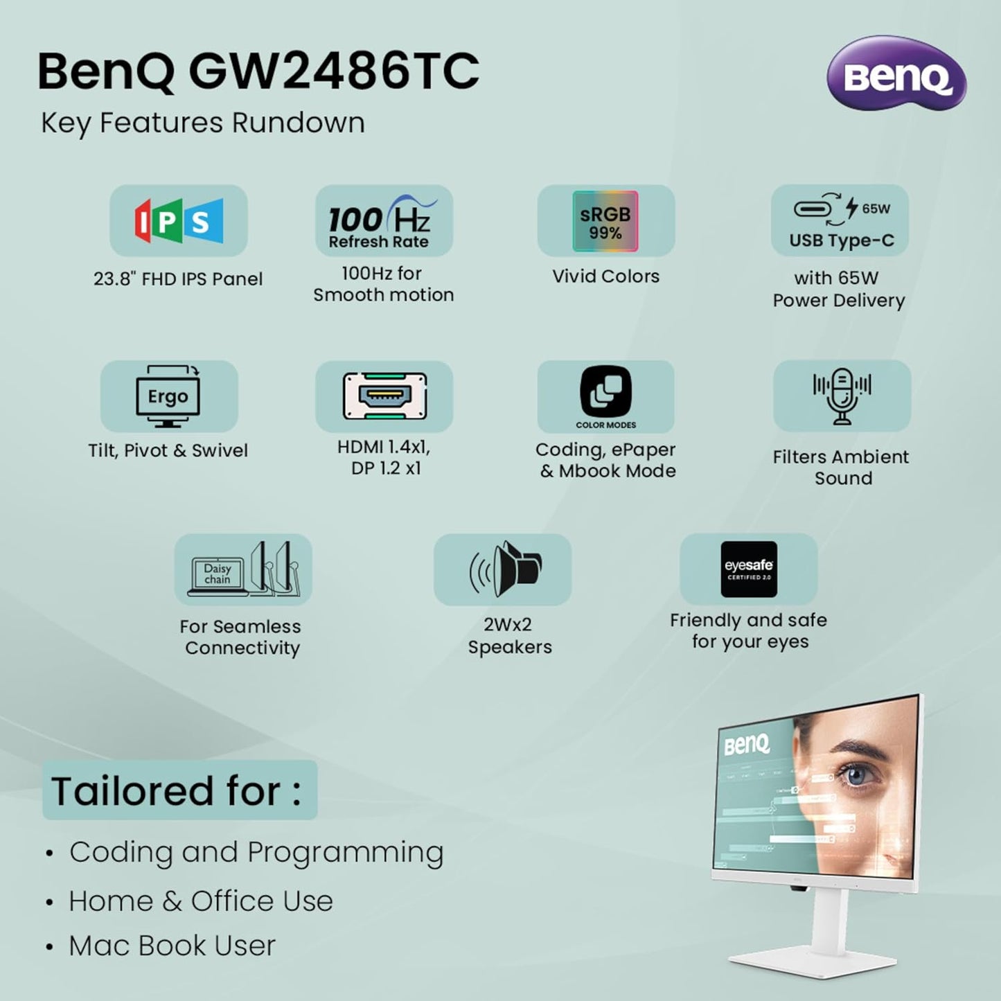 BenQ GW2486TC I 23.8" 100Hz Ergonomic USB-C Home Office Monitor