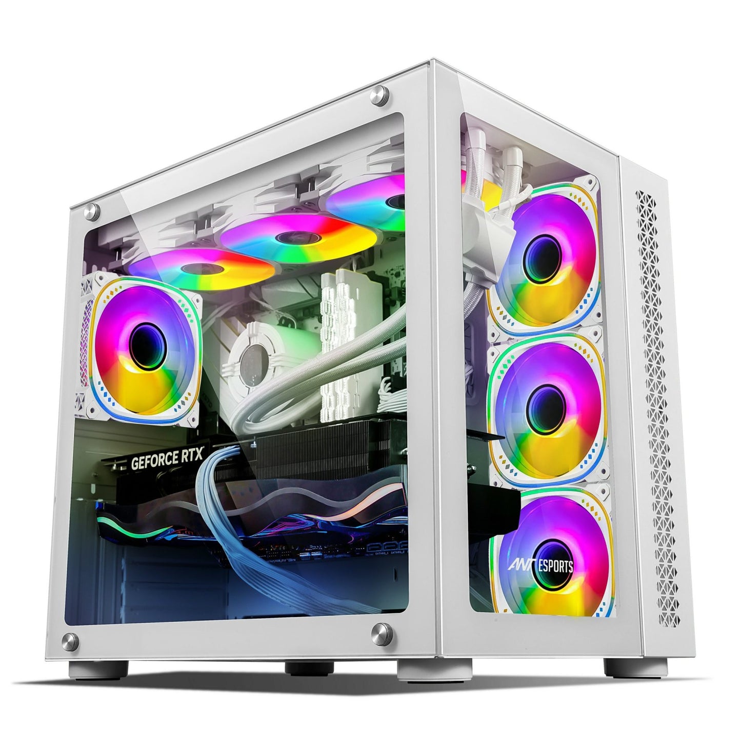 Ant Esports Crystal Mid-Tower E-ATX / ATX / Micro-ATX / Mini-ITX Gaming Cabinet – White (4× 120mm ARGB Fans)
