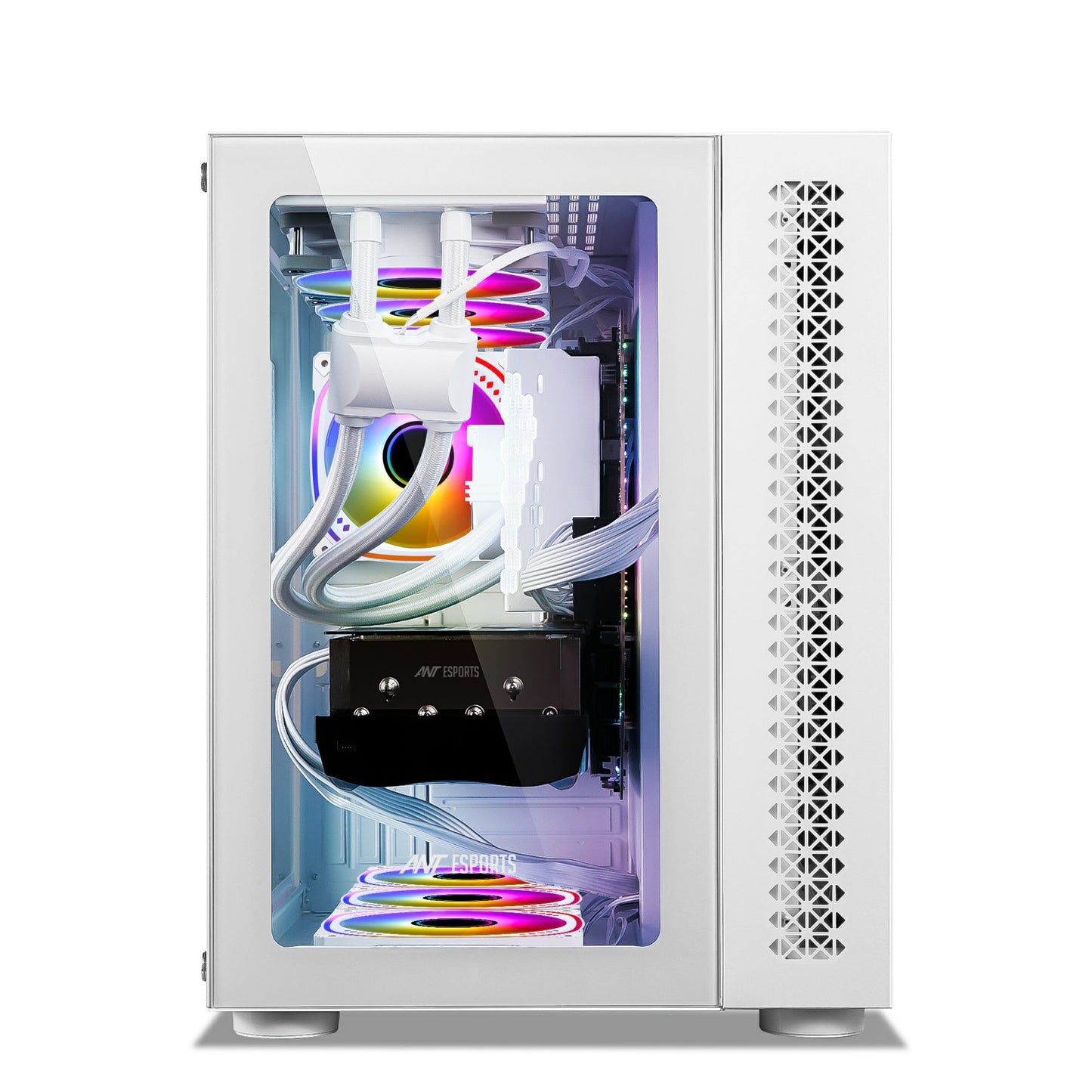 Ant Esports Crystal Mid-Tower E-ATX / ATX / Micro-ATX / Mini-ITX Gaming Cabinet – White (4× 120mm ARGB Fans)