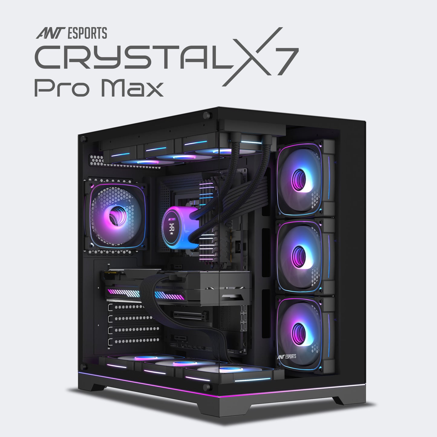 Ant Esports Crystal X7 Pro Max Mid-Tower ATX / Micro-ATX / Mini-ITX Gaming Cabinet – Black (7× 120mm RGB Fans)