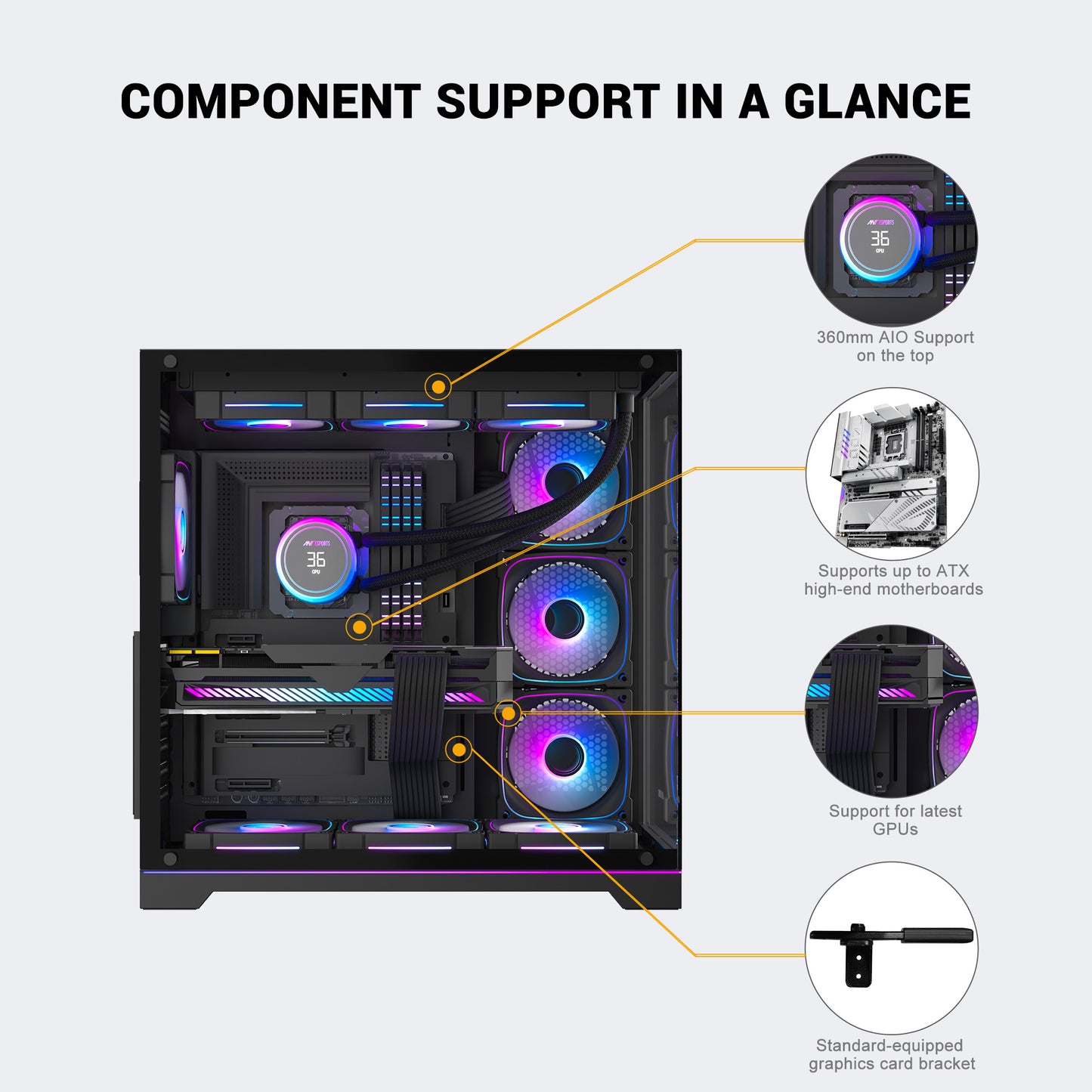 Ant Esports Crystal X7 Pro Max Mid-Tower ATX / Micro-ATX / Mini-ITX Gaming Cabinet – Black (7× 120mm RGB Fans)
