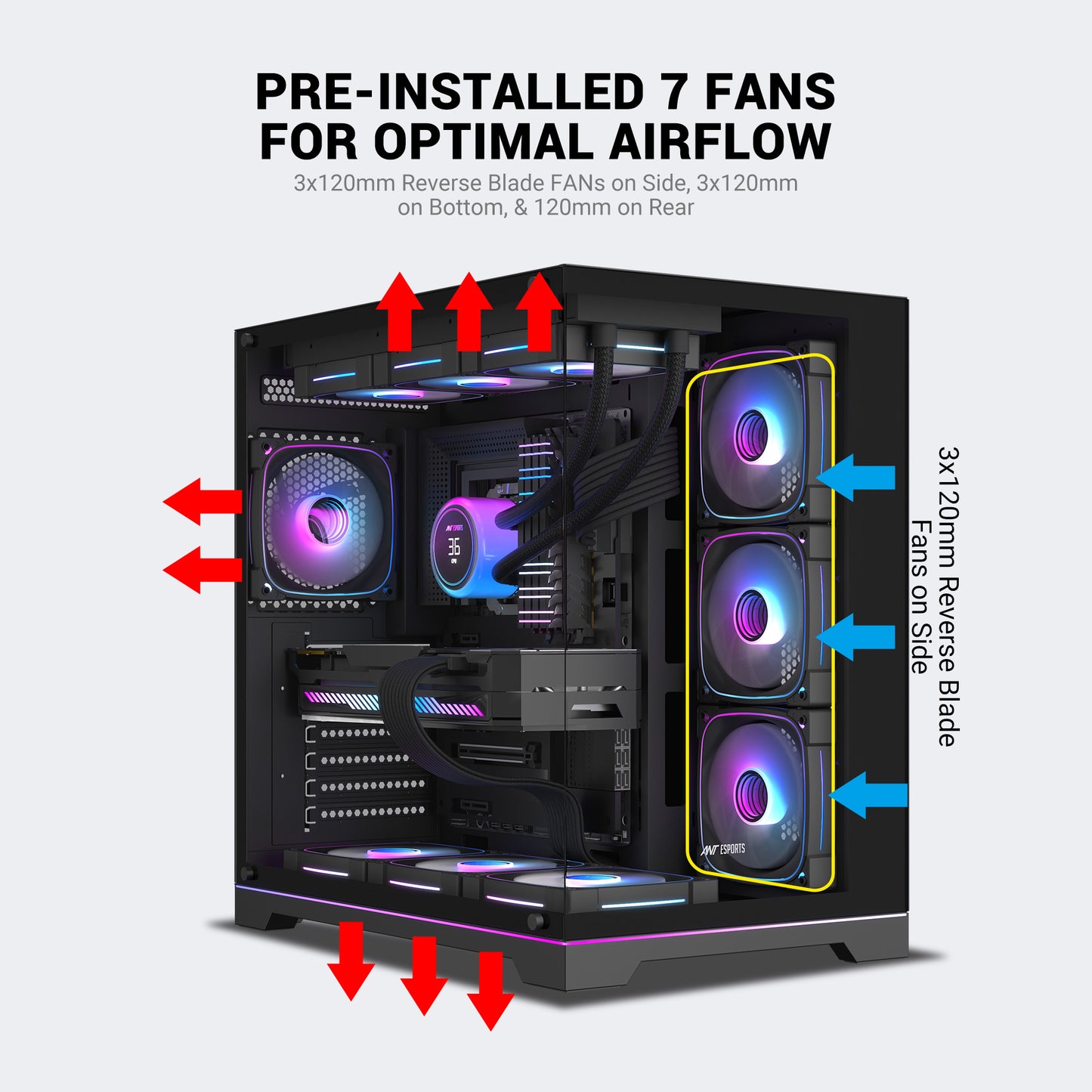 Ant Esports Crystal X7 Pro Max Mid-Tower ATX / Micro-ATX / Mini-ITX Gaming Cabinet – Black (7× 120mm RGB Fans)