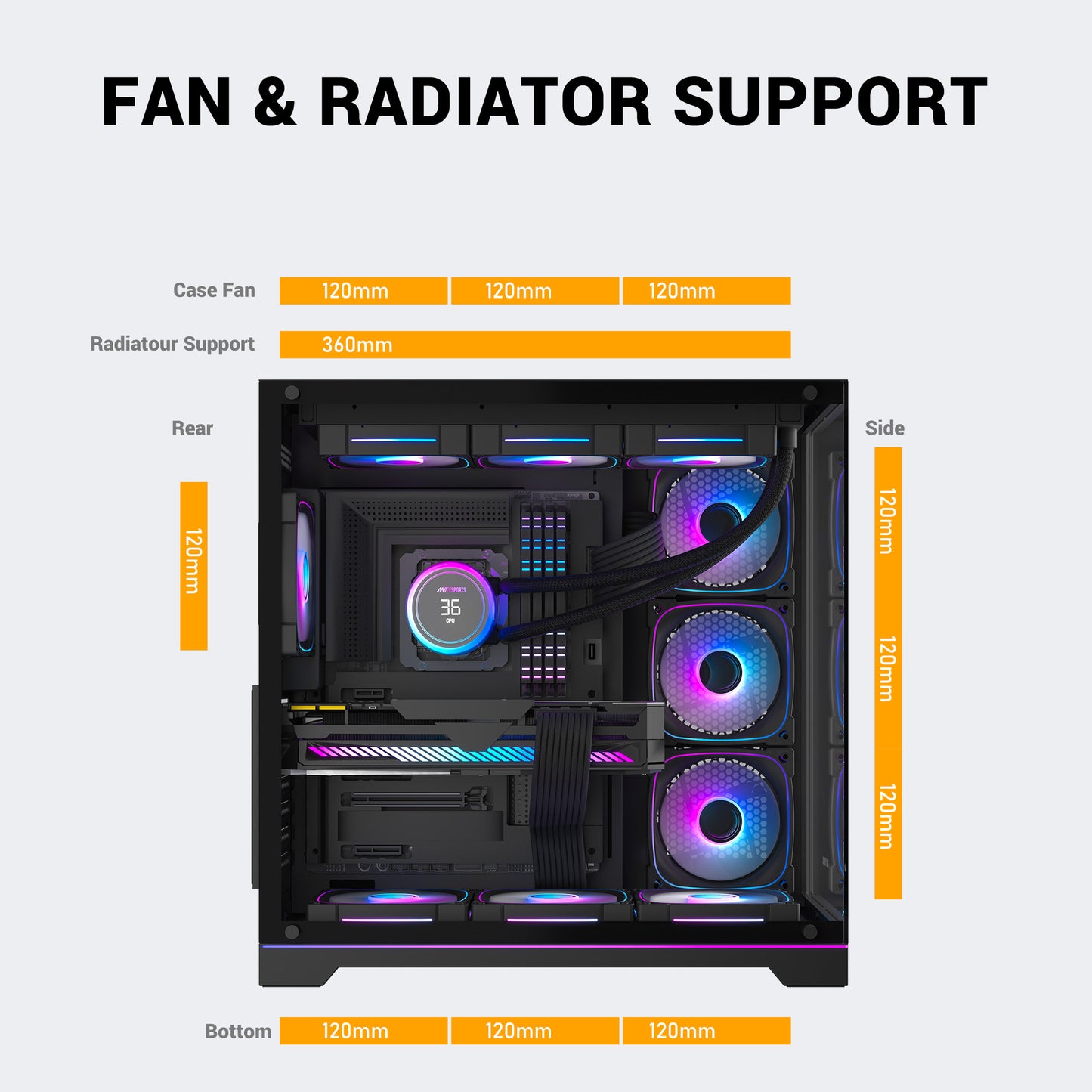 Ant Esports Crystal X7 Pro Max Mid-Tower ATX / Micro-ATX / Mini-ITX Gaming Cabinet – Black (7× 120mm RGB Fans)