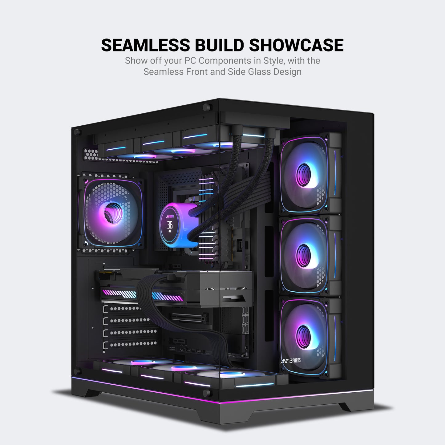 Ant Esports Crystal X7 Pro Max Mid-Tower ATX / Micro-ATX / Mini-ITX Gaming Cabinet – Black (7× 120mm RGB Fans)