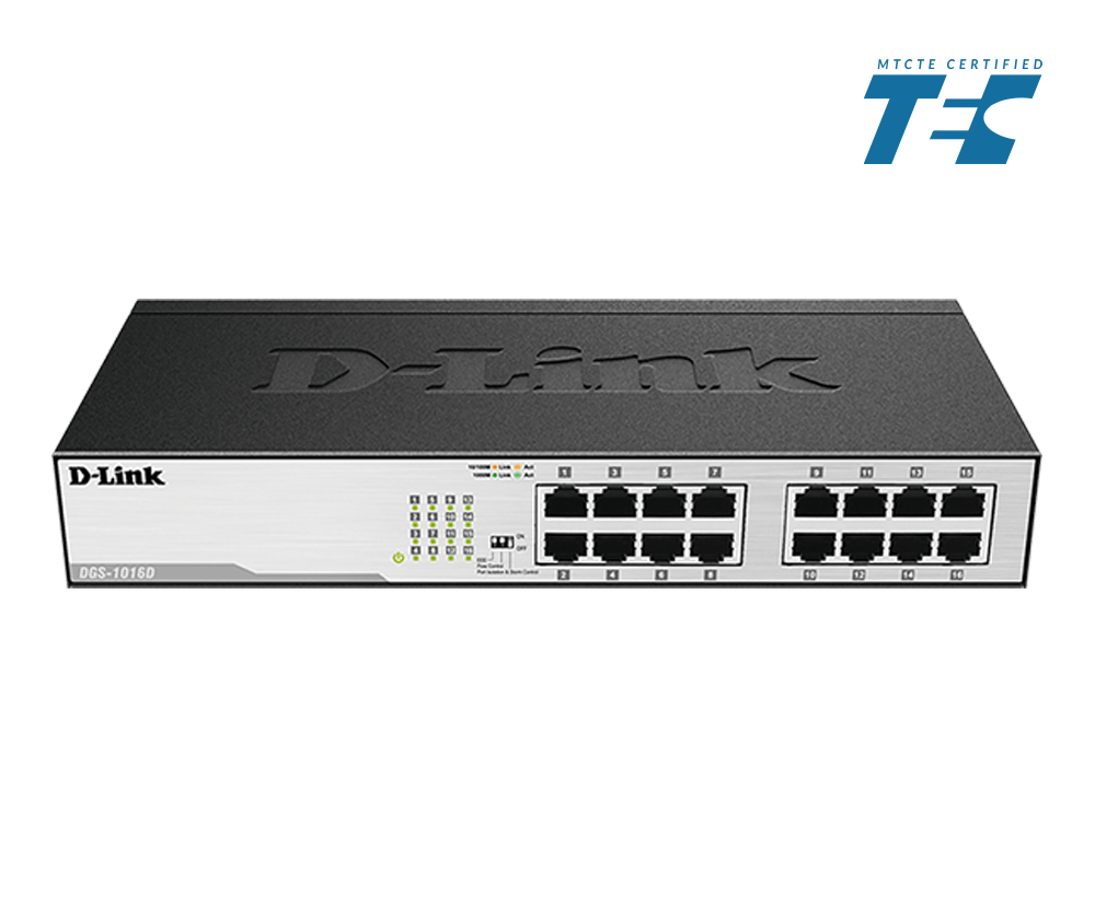 D-Link DGS-1016D 16-Port Gigabit Unmanaged Desktop Switch — Fanless | DIP Switch | D-Link Green | MTCTE Certified