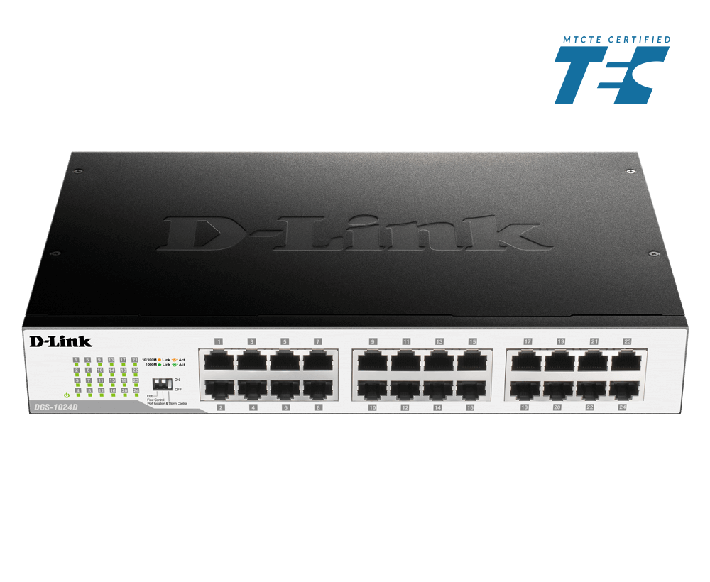 D-Link DGS-1024D 24-Port Gigabit Unmanaged Desktop Switch — Fanless | DIP Switch | D-Link Green | MTCTE Certified