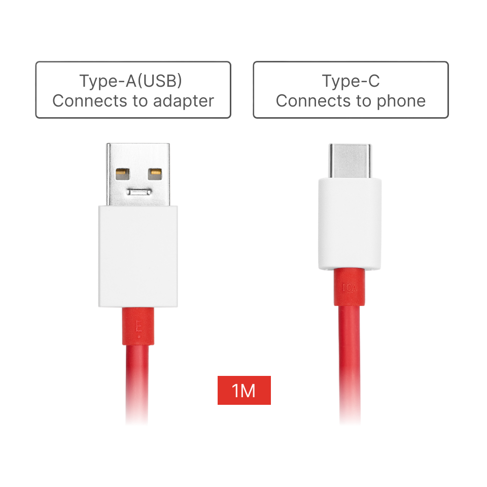 OnePlus USB-A to Type-C Cable (DL129) — 10A SUPERVOOC Fast Charging | 480Mbps Data | TPE Build | Reversible USB-C | 100cm | 1-Year Warranty (Red)
