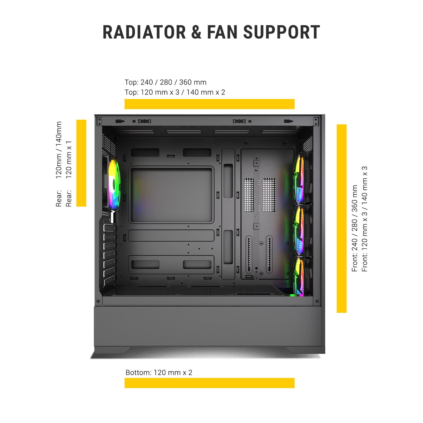 Ant Esports EVO 360 Mid-Tower E-ATX / ATX / Micro-ATX / Mini-ITX Gaming Cabinet — Black (4× 120mm ARGB Fans)