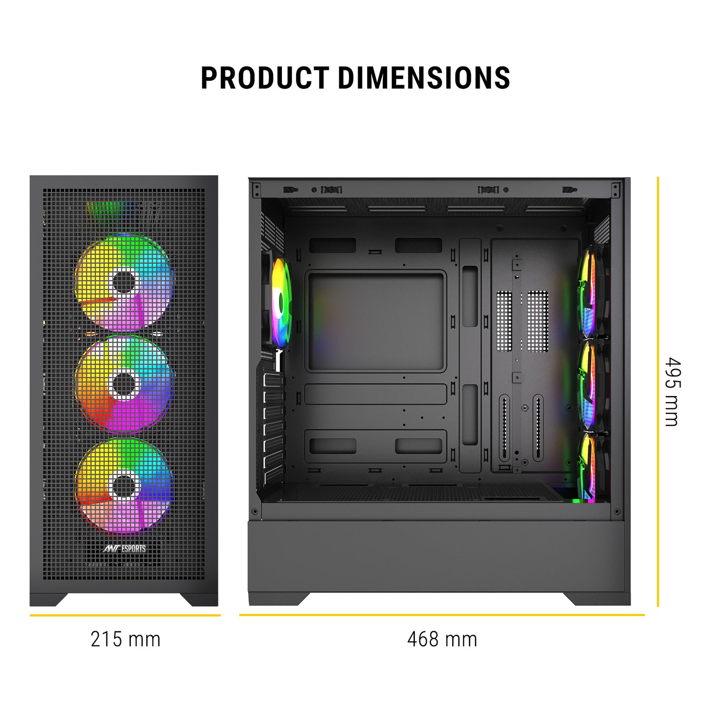 Ant Esports EVO 360 Mid-Tower E-ATX / ATX / Micro-ATX / Mini-ITX Gaming Cabinet — Black (4× 120mm ARGB Fans)