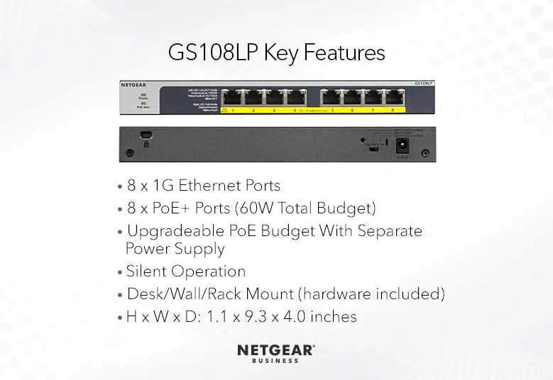 NETGEAR GS108LP 8-Port Gigabit PoE+ Unmanaged Switch with FlexPoE — 60W | Business | Gigabit | Desktop / Rackmount (GS108LP-100INS)