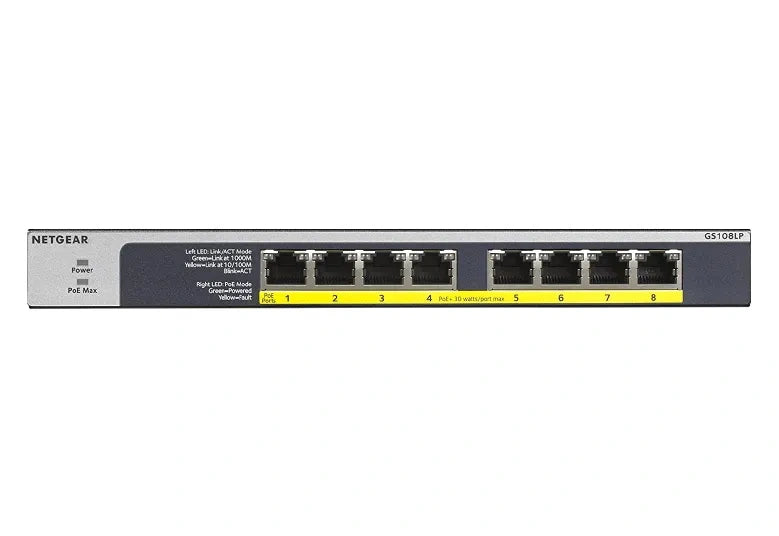 NETGEAR GS108LP 8-Port Gigabit PoE+ Unmanaged Switch with FlexPoE — 60W | Business | Gigabit | Desktop / Rackmount (GS108LP-100INS)