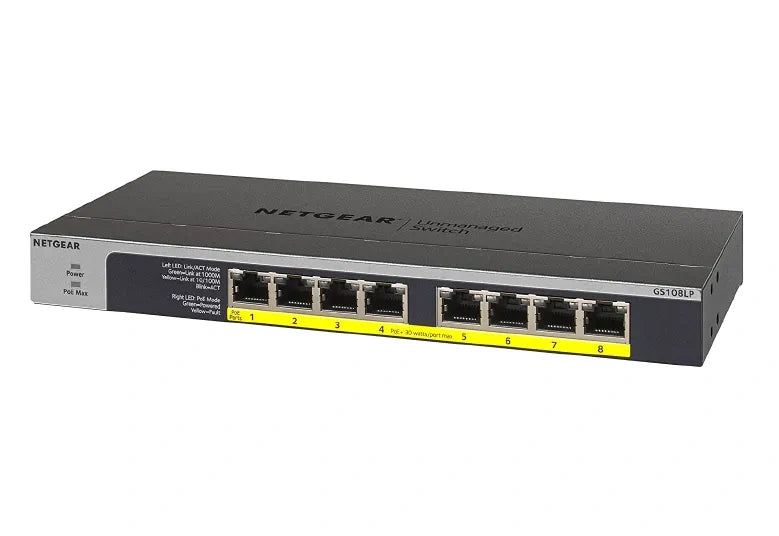 NETGEAR GS108LP 8-Port Gigabit PoE+ Unmanaged Switch with FlexPoE — 60W | Business | Gigabit | Desktop / Rackmount (GS108LP-100INS)