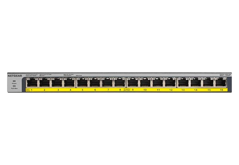 NETGEAR GS116LP 16-Port Gigabit PoE+ Unmanaged Switch with FlexPoE — 76W | Business | Gigabit | Desktop / Rackmount (GS116LP-100INS)