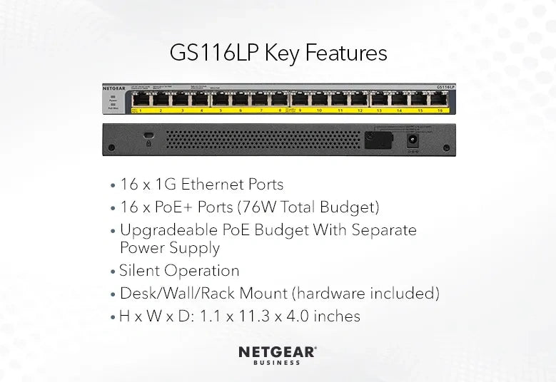 NETGEAR GS116LP 16-Port Gigabit PoE+ Unmanaged Switch with FlexPoE — 76W | Business | Gigabit | Desktop / Rackmount (GS116LP-100INS)