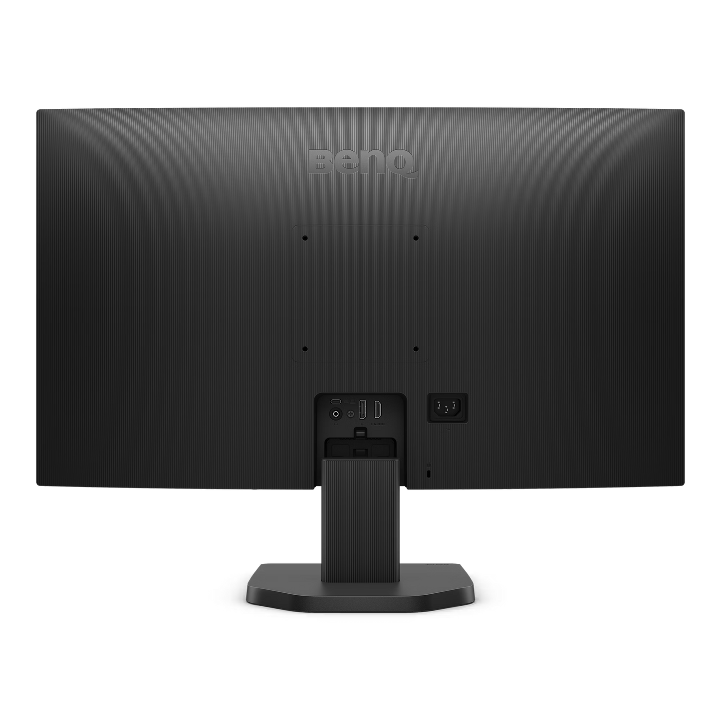 Angled perspective of the BenQ GW2790C highlighting the premium matte black finish and stable rectangular desk stand.

