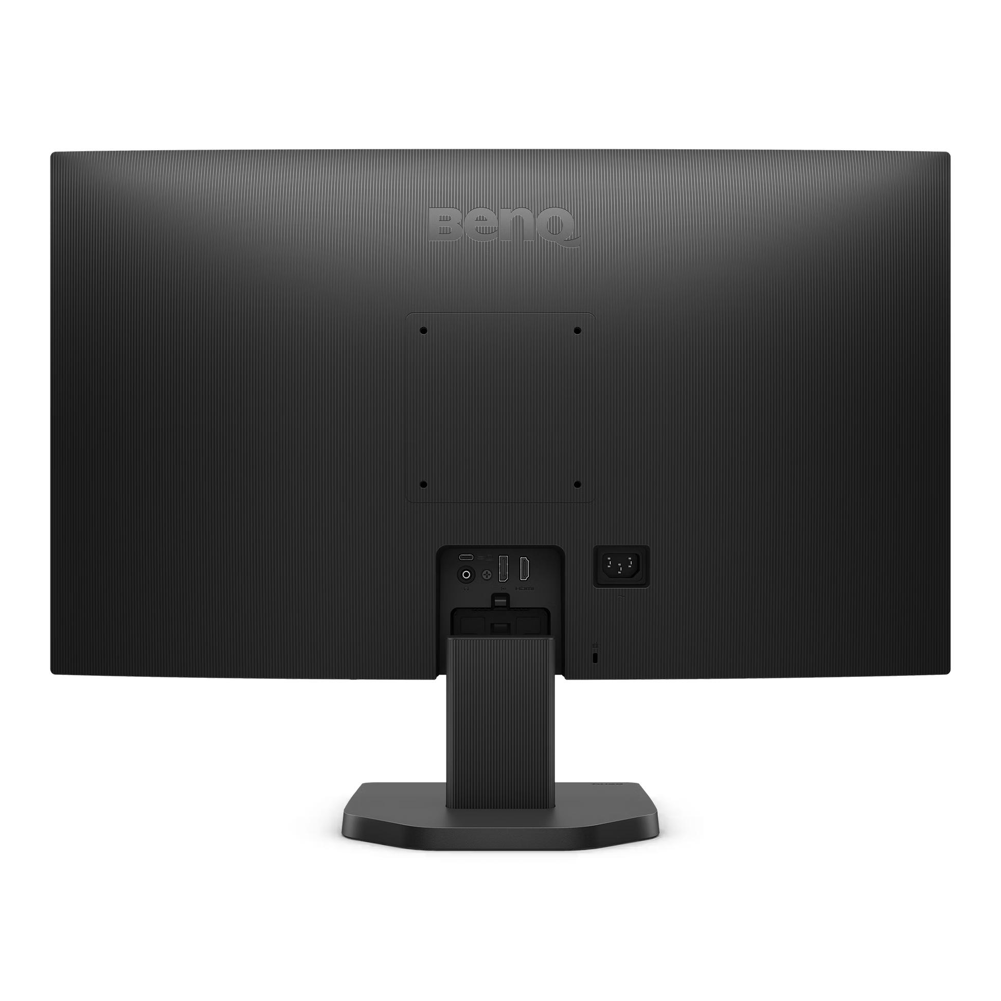 Angled perspective of the BenQ GW2790C highlighting the premium matte black finish and stable rectangular desk stand.
