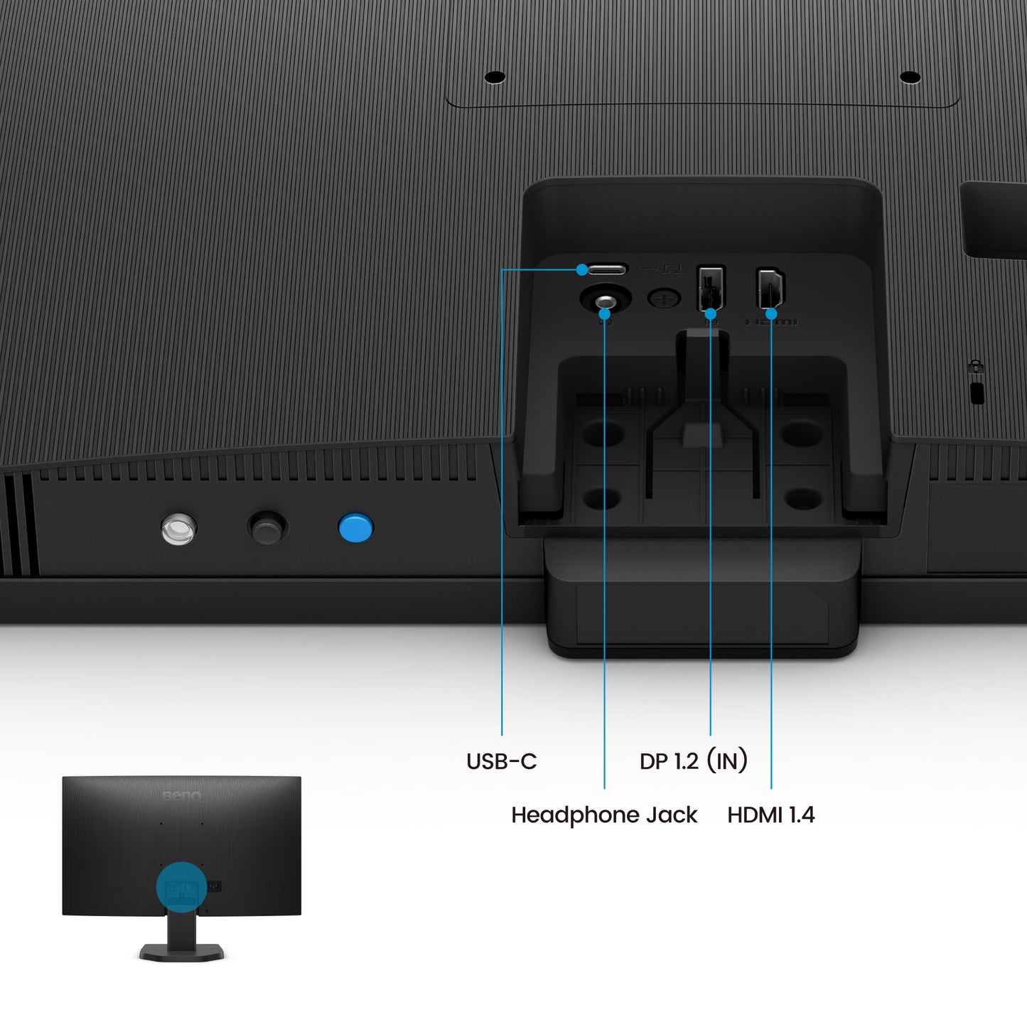 Side profile of the BenQ GW2790C monitor showcasing the slim screen depth and ergonomic tilt adjustment functionality.
