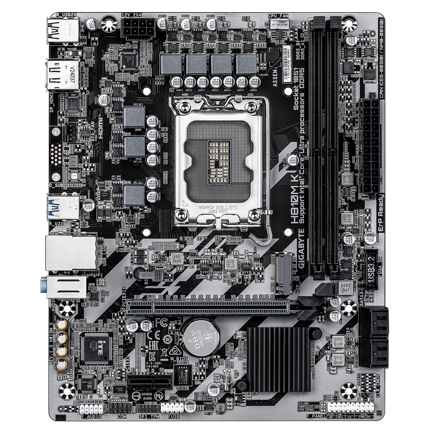 Gigabyte H810M K Motherboard showing RAM slots and PCB layout