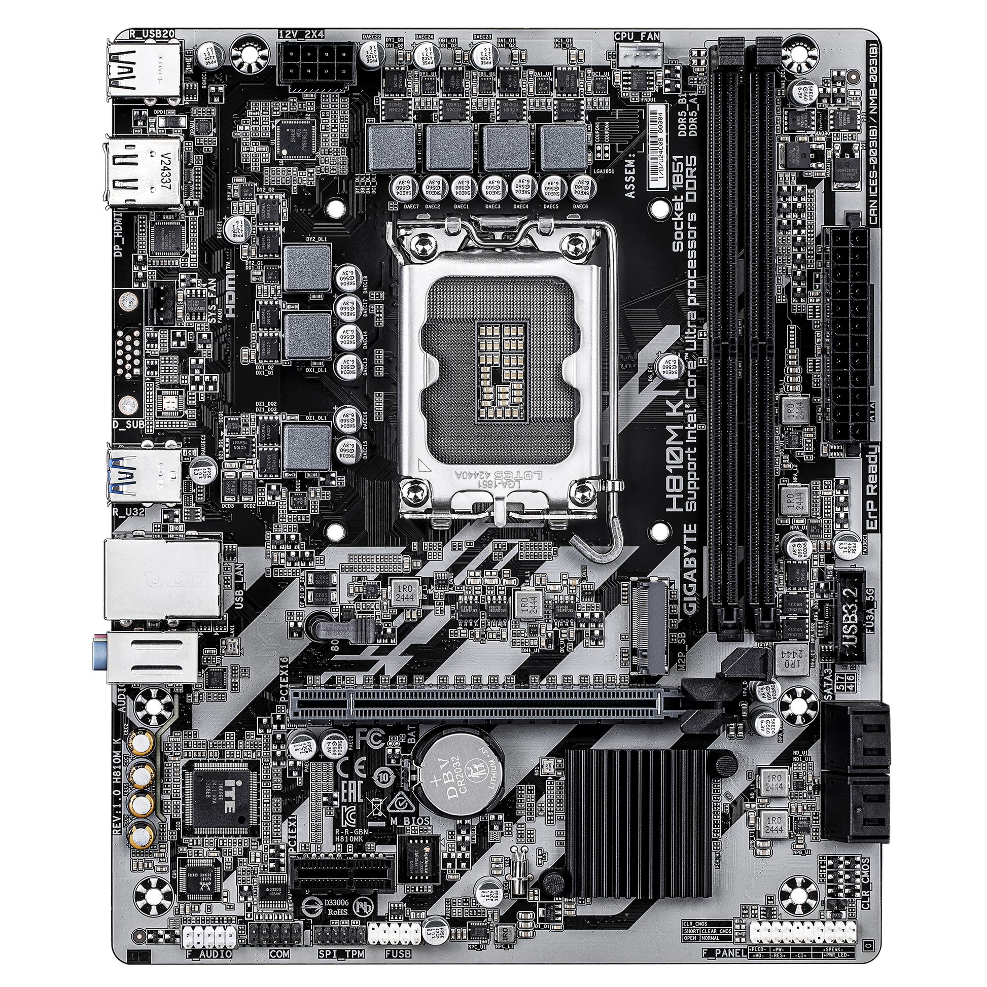 Gigabyte H810M K Motherboard showing RAM slots and PCB layout