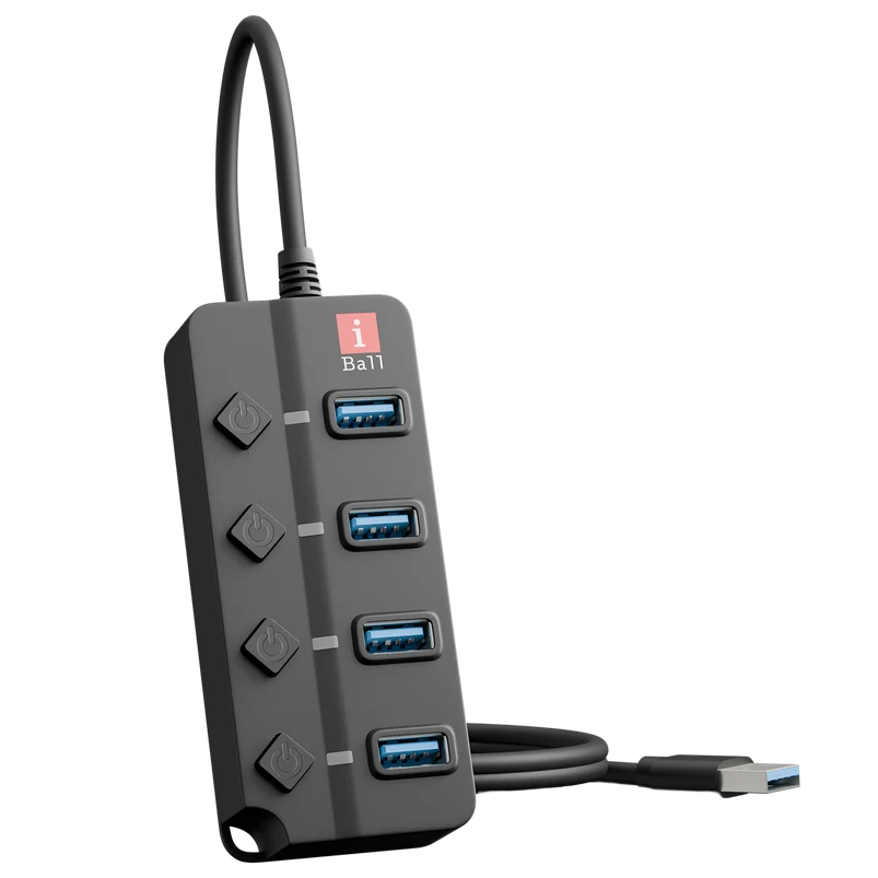 iBall Hubix 30 USB 3.0 Hub — 4 Ports | 5Gbps | Individual Switches | LED Indicators | 1m Cable | Optional DC Power Port | Matte Finish