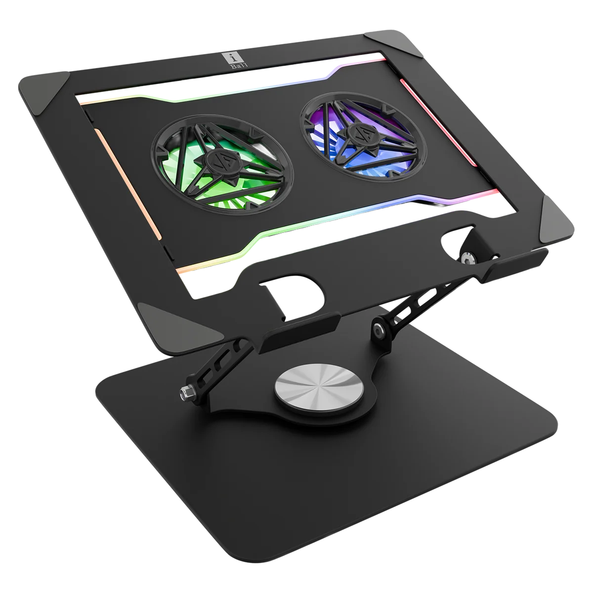 iBall LS400 Laptop Stand — 360° Swivel | 58 CFM Active Cooling | 65mm Magnetic Fans | USB-C + USB | Dynamic RGB | Up to 17" / 5kg | Foldable | Steel Build