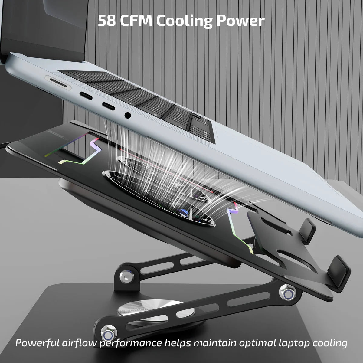 iBall LS400 Laptop Stand — 360° Swivel | 58 CFM Active Cooling | 65mm Magnetic Fans | USB-C + USB | Dynamic RGB | Up to 17" / 5kg | Foldable | Steel Build