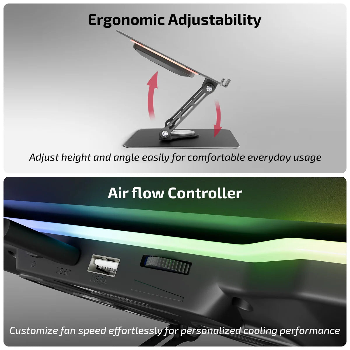 iBall LS400 Laptop Stand — 360° Swivel | 58 CFM Active Cooling | 65mm Magnetic Fans | USB-C + USB | Dynamic RGB | Up to 17" / 5kg | Foldable | Steel Build