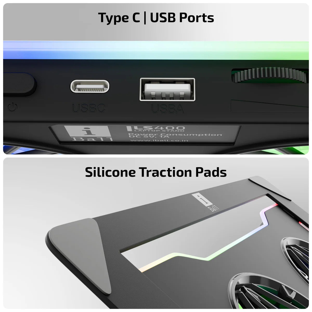 iBall LS400 Laptop Stand — 360° Swivel | 58 CFM Active Cooling | 65mm Magnetic Fans | USB-C + USB | Dynamic RGB | Up to 17" / 5kg | Foldable | Steel Build