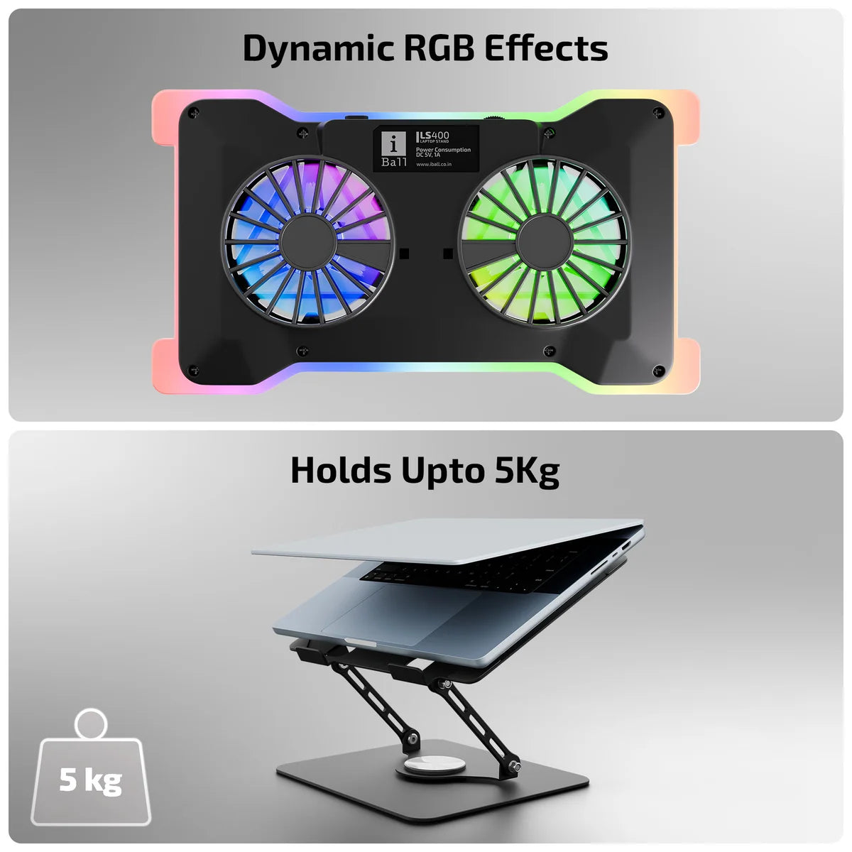 iBall LS400 Laptop Stand — 360° Swivel | 58 CFM Active Cooling | 65mm Magnetic Fans | USB-C + USB | Dynamic RGB | Up to 17" / 5kg | Foldable | Steel Build