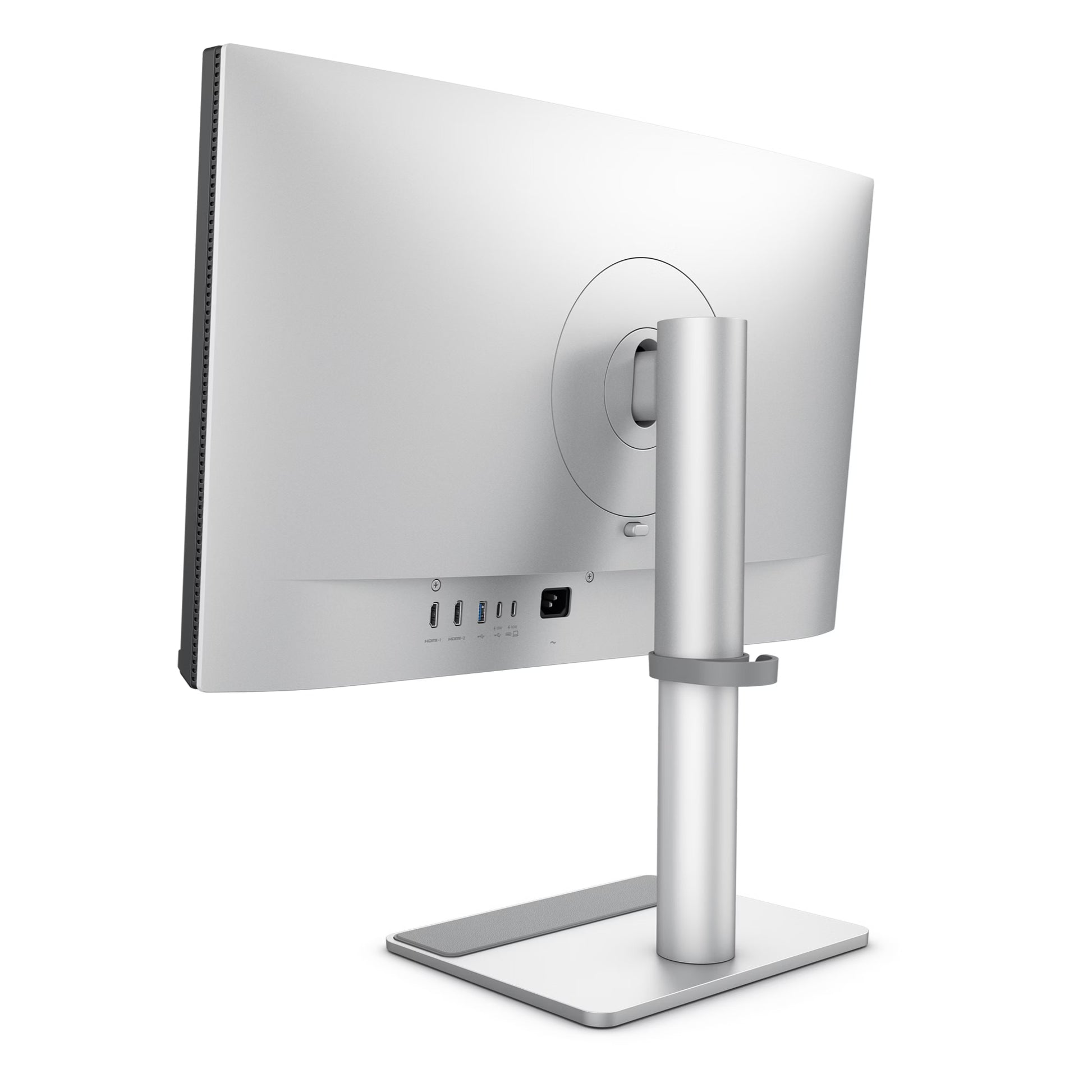 Angled perspective of the BenQ MA270U monitor showcasing the premium metallic finish that complements MacBook and Mac Studio aesthetics.
