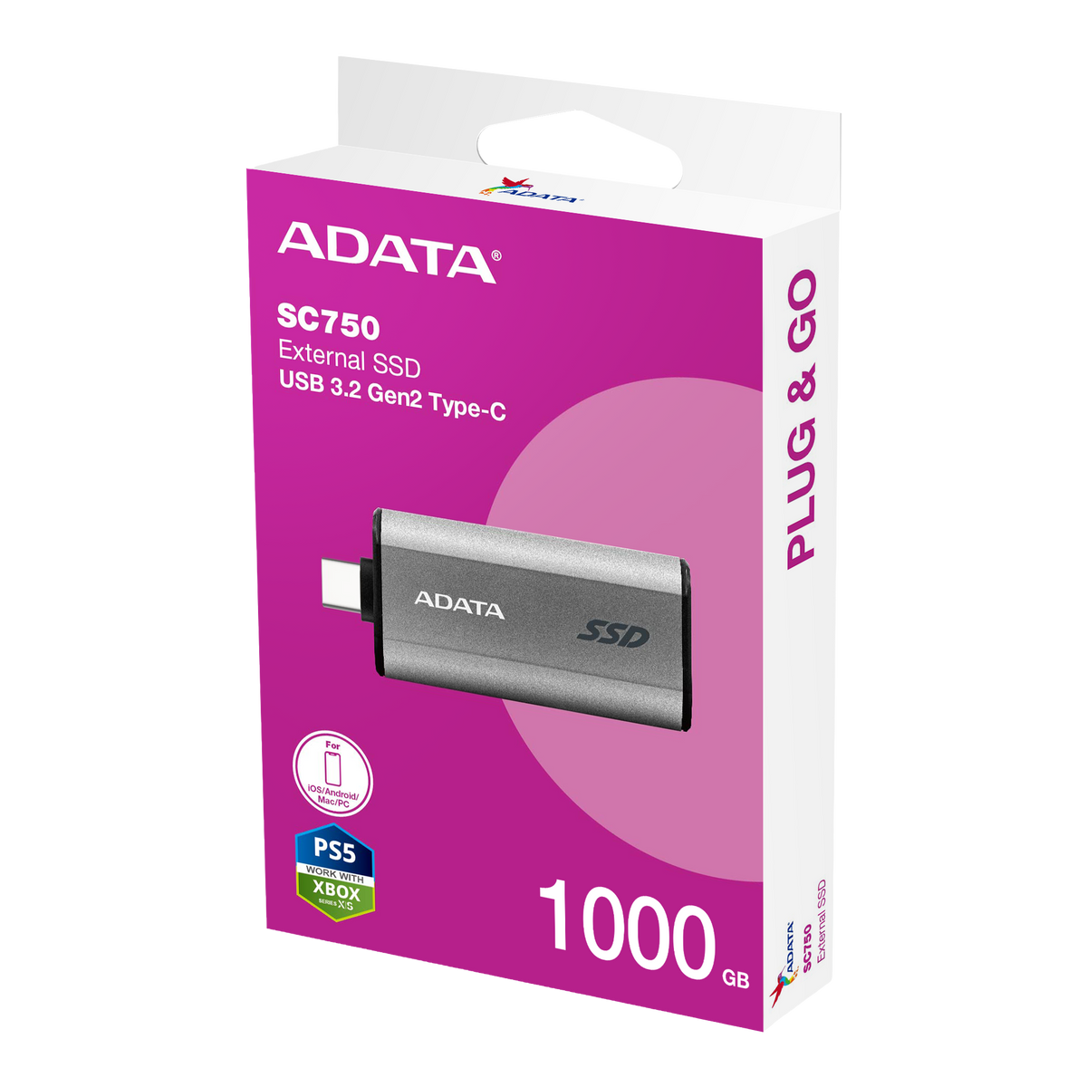 ADATA SC750 External SSD — USB 3.2 Gen 2 | 1,050/1,000 MB/s | Cableless Retractable USB-C | iPhone ProRes Recording | Android/Windows/macOS/Linux | 11.15g | 5-Year Warranty — 500GB / 1TB / 2TB