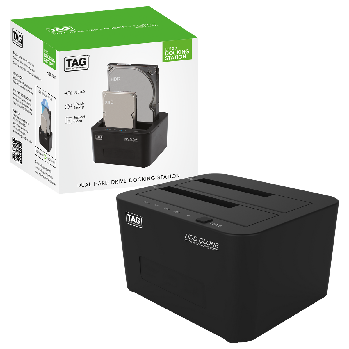 TAG Dual Drive Docking Station — USB 3.0 | 5Gbps | 2.5"/3.5" SATA I/II/III HDD + SSD | Offline Clone (PC-Free) | Auto Sleep | Plug & Play | 12V Powered | Black