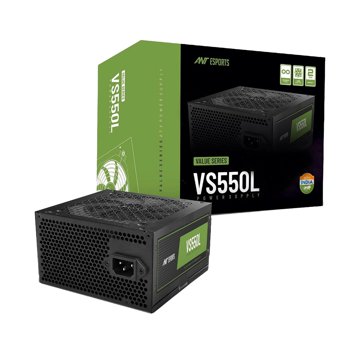 Ant Esports VS550L 550W Non-Modular Power Supply Unit — 550W | Non-Modular | 24-Pin ATX | 8-Pin EPS CPU | 1× PCIe | 4× SATA | 2× Molex | 2-Year Warranty