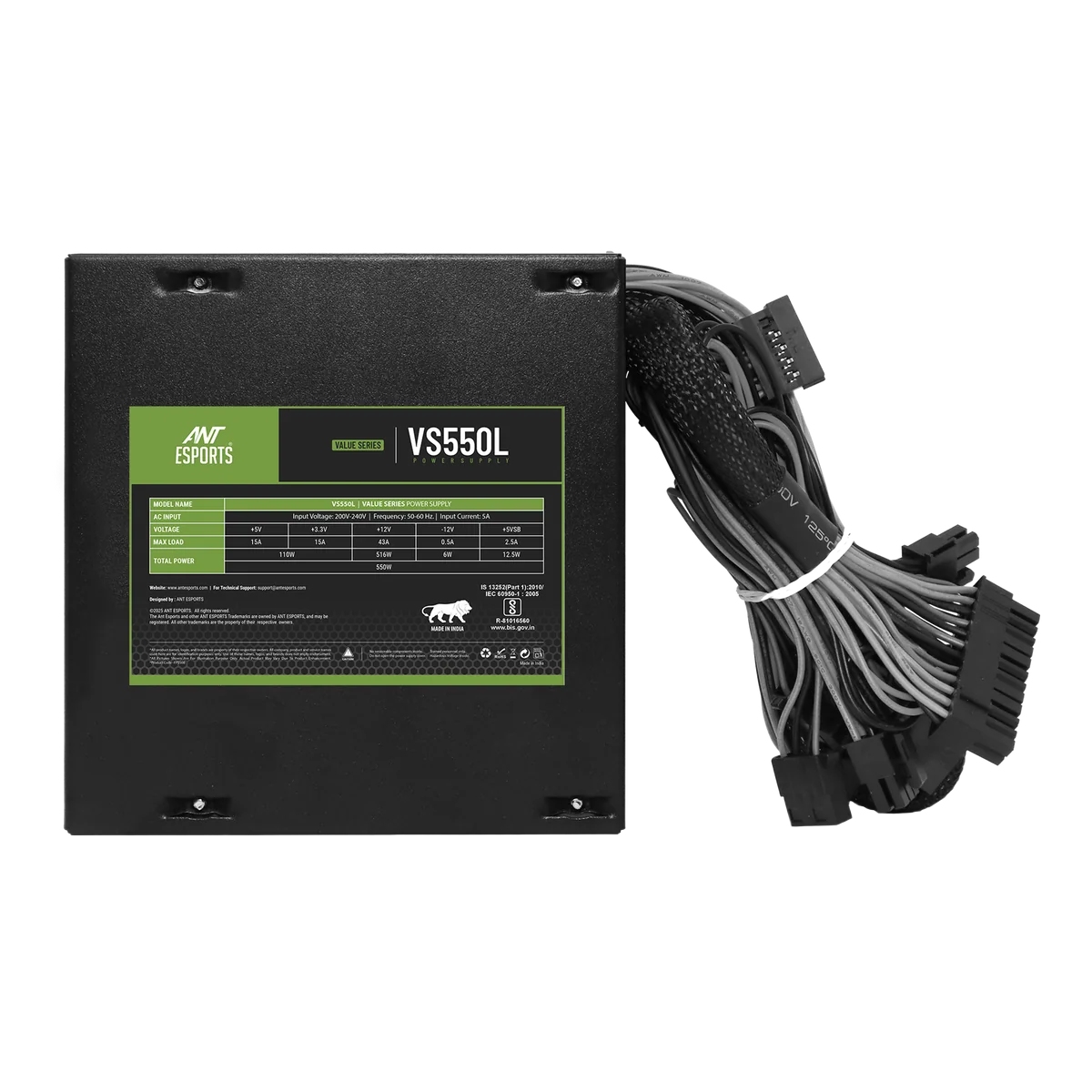 Ant Esports VS550L 550W Non-Modular Power Supply Unit — 550W | Non-Modular | 24-Pin ATX | 8-Pin EPS CPU | 1× PCIe | 4× SATA | 2× Molex | 2-Year Warranty