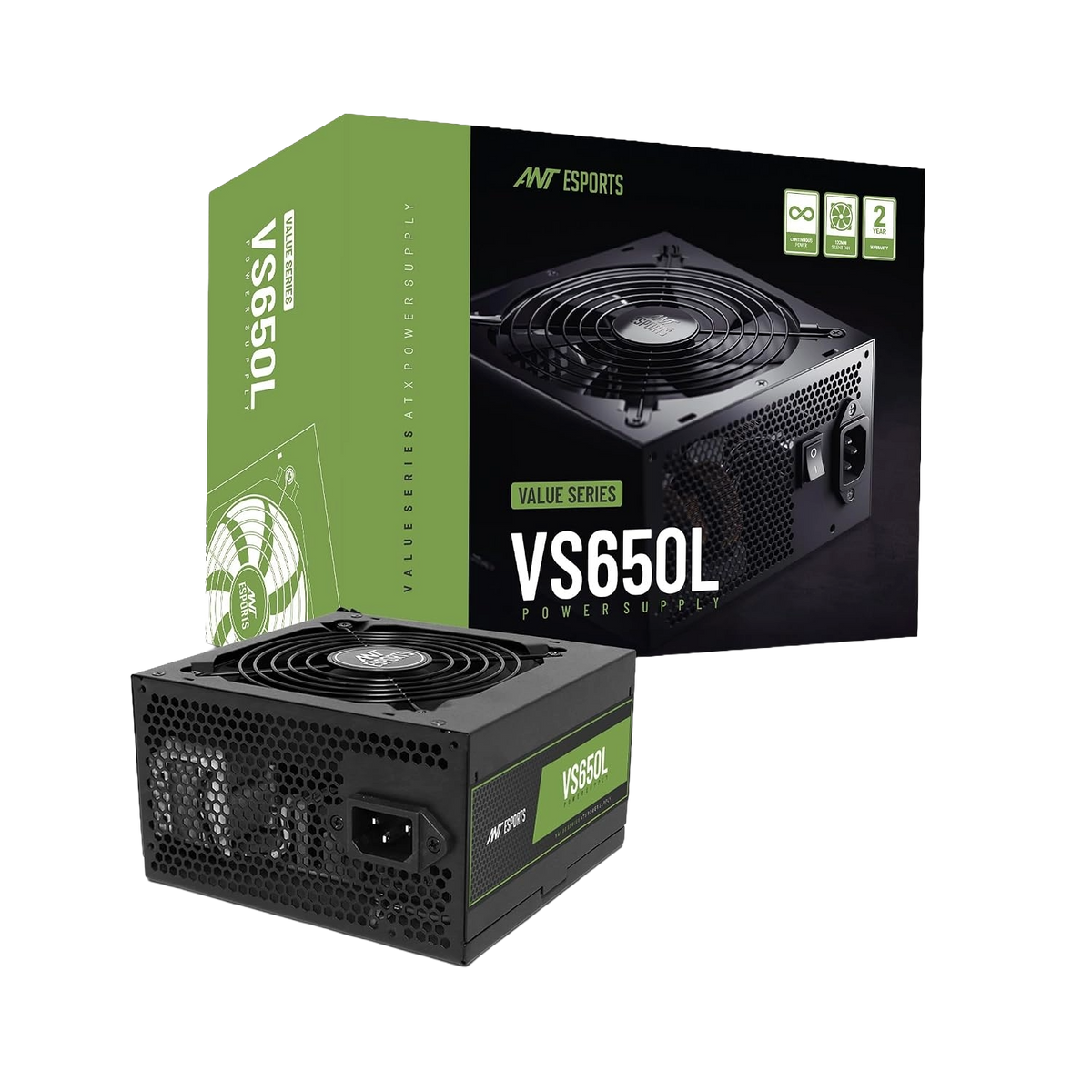 Ant Esports VS650L 650W Non-Modular Power Supply Unit — 650W | Non-Modular | 24-Pin ATX | 8-Pin EPS CPU | 1× PCIe | 4× SATA | 2× Molex | 2-Year Warranty
