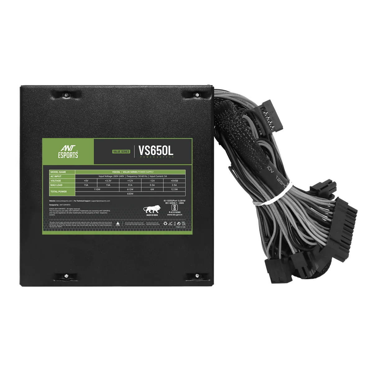 Ant Esports VS650L 650W Non-Modular Power Supply Unit — 650W | Non-Modular | 24-Pin ATX | 8-Pin EPS CPU | 1× PCIe | 4× SATA | 2× Molex | 2-Year Warranty