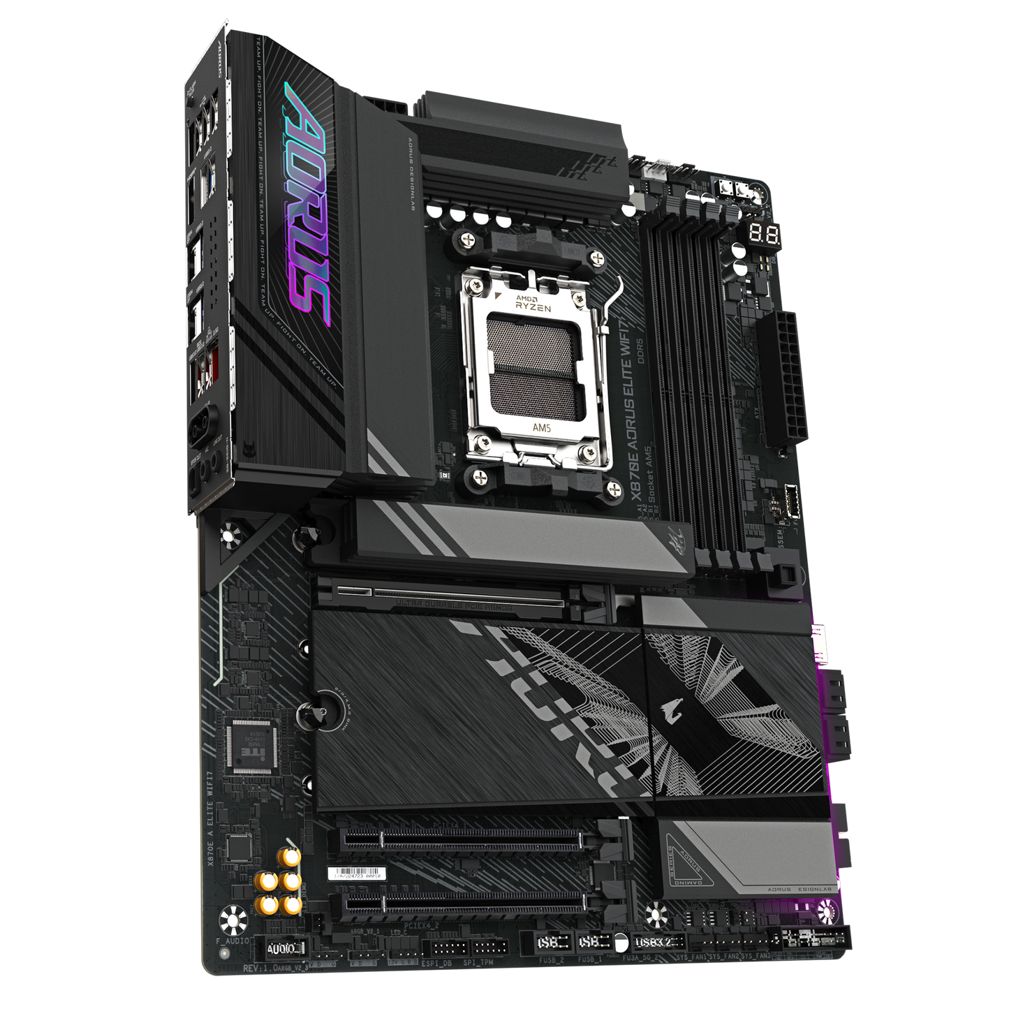 Gigabyte X870E AORUS Elite Motherboard rear I/O ports with WiFi 7 antenna