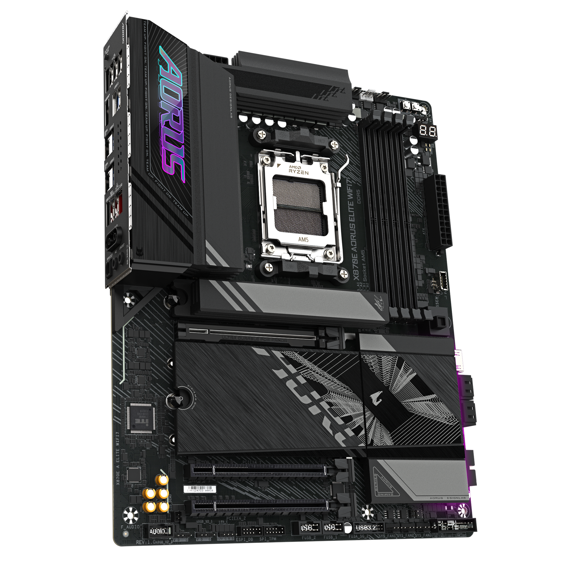 Gigabyte X870E AORUS Elite Motherboard rear I/O ports with WiFi 7 antenna