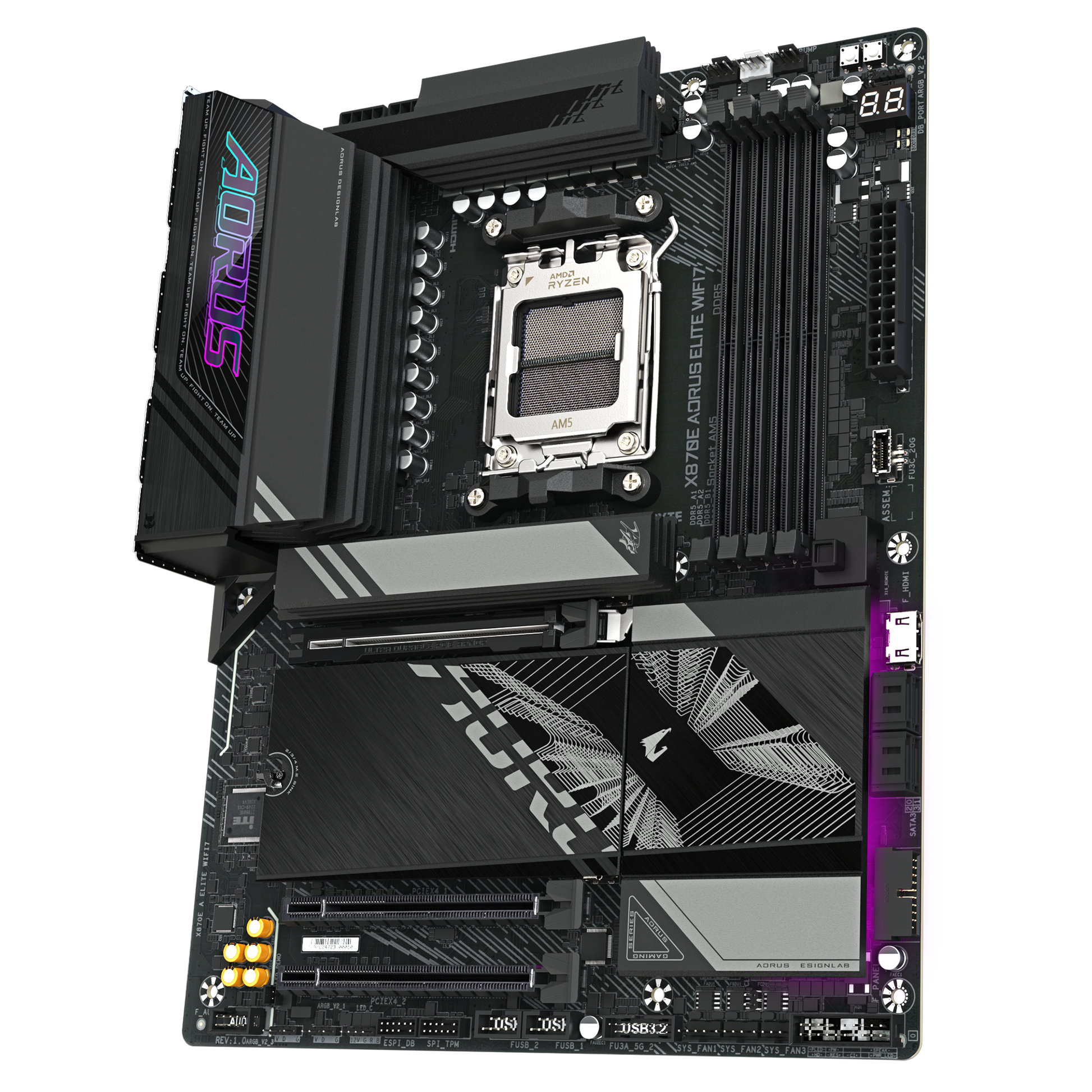Gigabyte X870E AORUS Elite WiFi 7 Motherboard with PCIe 5.0 slots and M.2 support