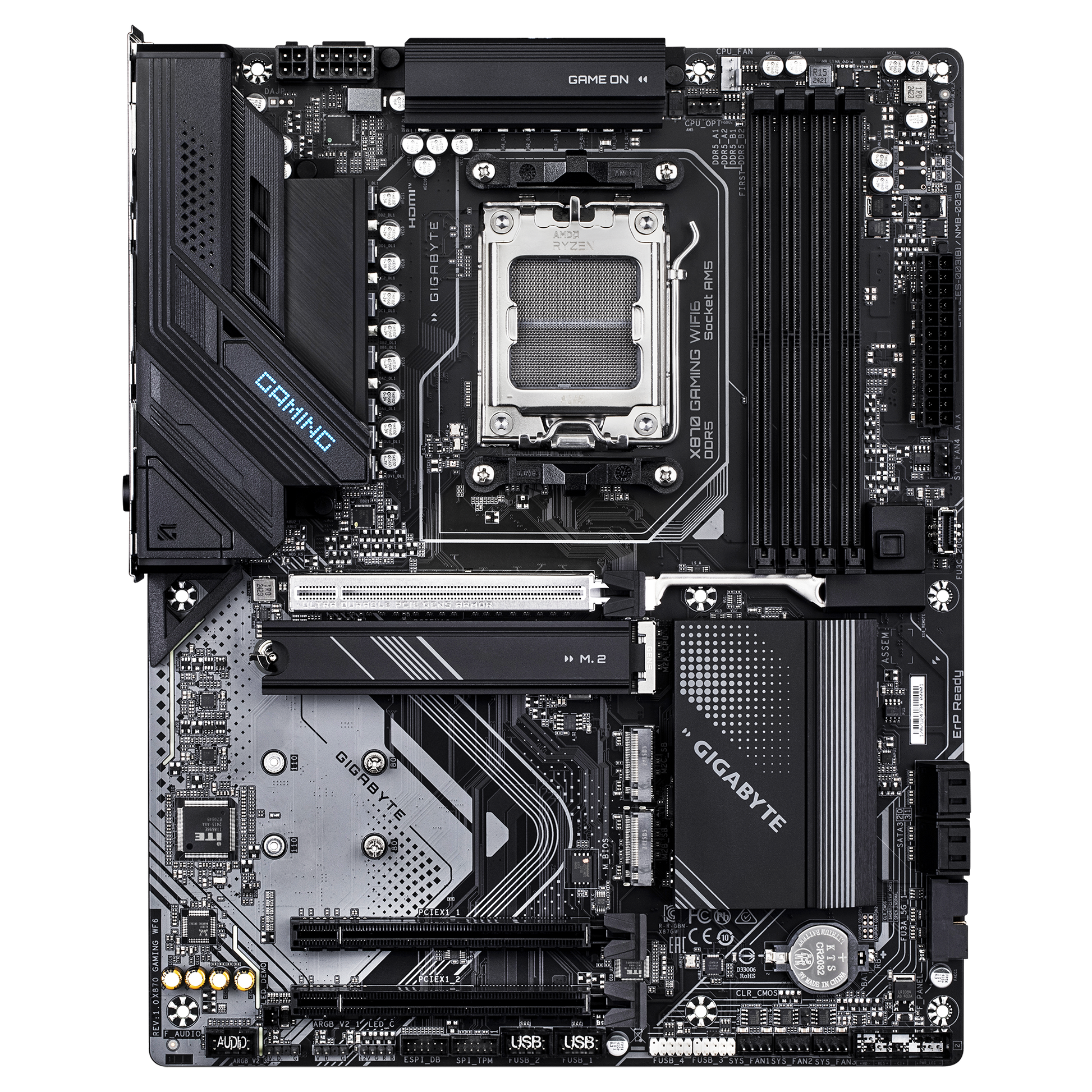 Gigabyte X870 Gaming WiFi 6 Motherboard showing DDR5 RAM slots and heatsinks