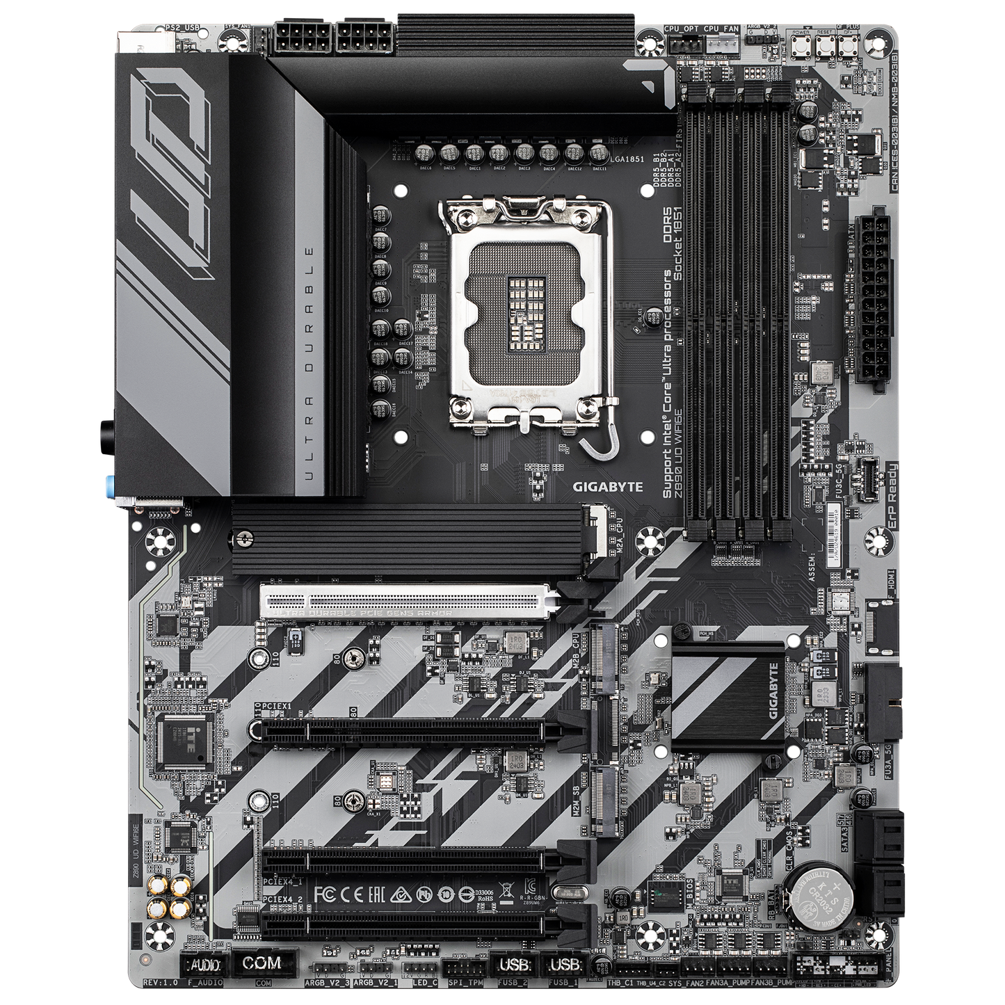 Z890 UD WiFi 6E motherboard by Gigabyte showing DDR5 slots and cooling heatsinks